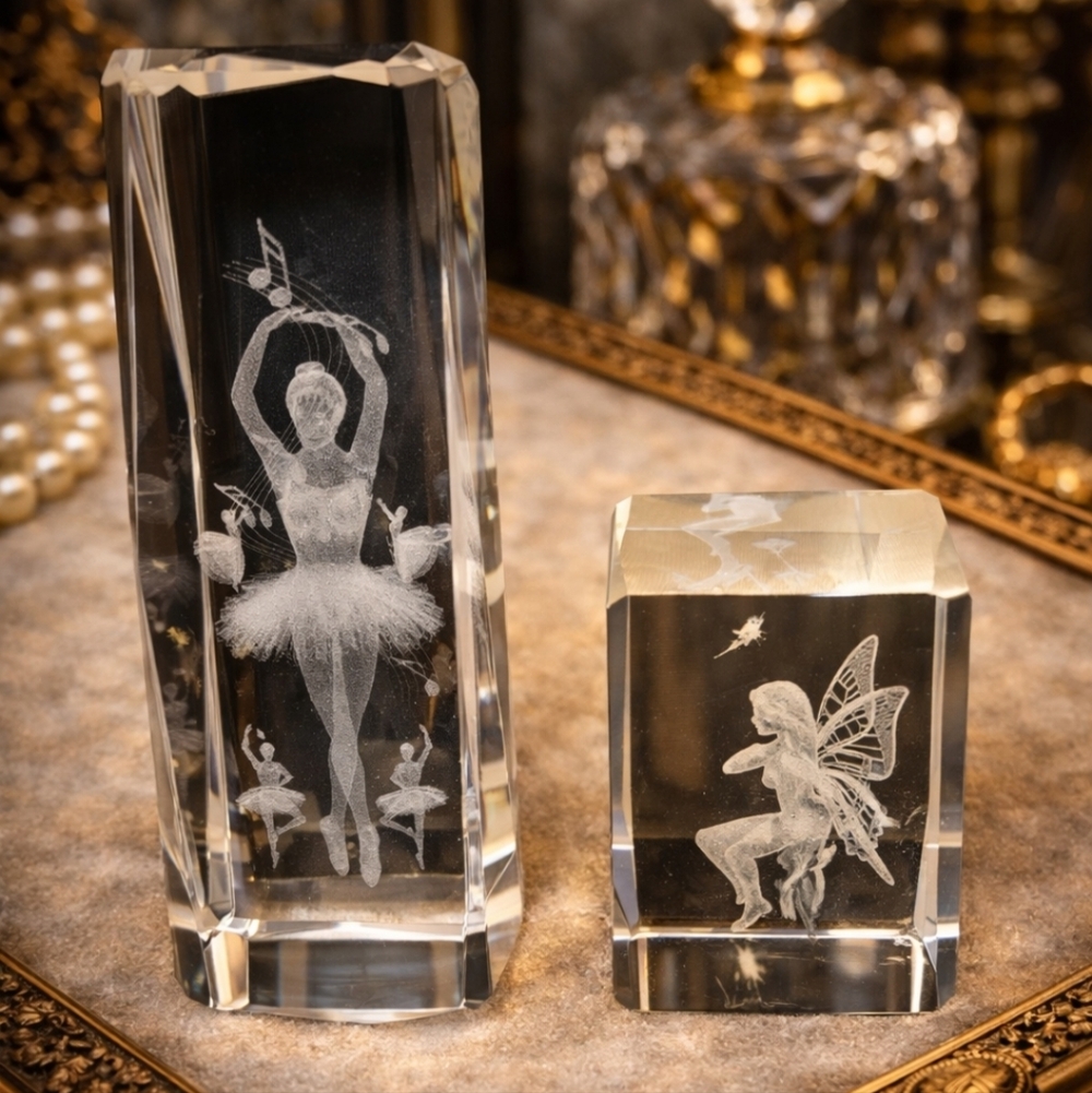 LASER ETCHED CRYSTAL BALLERINA FAIRY FIGURINES SOLID OPTICAL GLASS SET